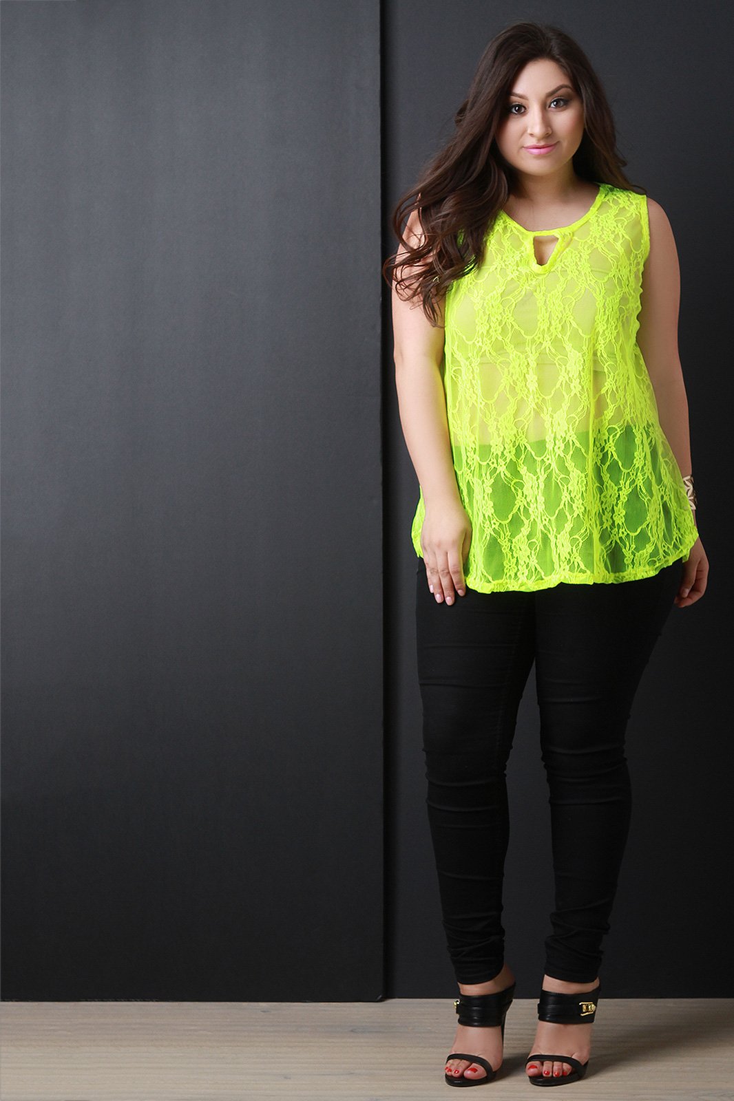 Semi-Sheer Floral Lace Keyhole Sleeveless Top