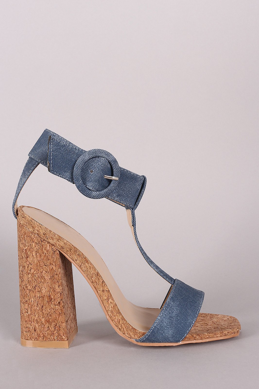 Denim T Strap Chunky Cork Heel - NoveltyOne