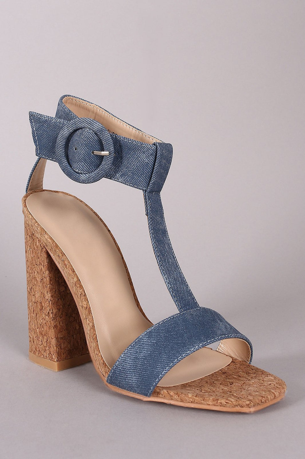 Denim T Strap Chunky Cork Heel - NoveltyOne
