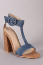 Denim T Strap Chunky Cork Heel - NoveltyOne