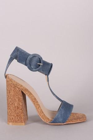 Denim T Strap Chunky Cork Heel - NoveltyOne