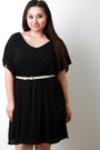 Keyhole Back Slit Sleeve Belted Skater Dress