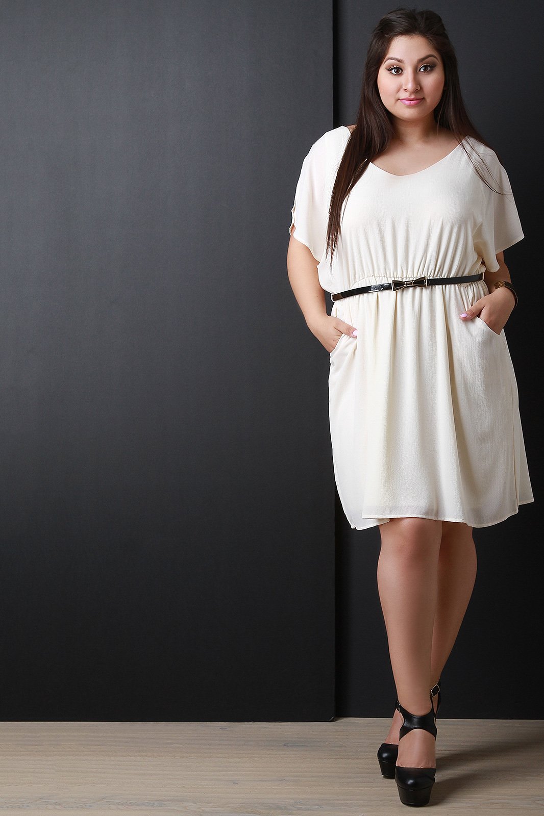 Keyhole Back Slit Sleeve Belted Skater Dress