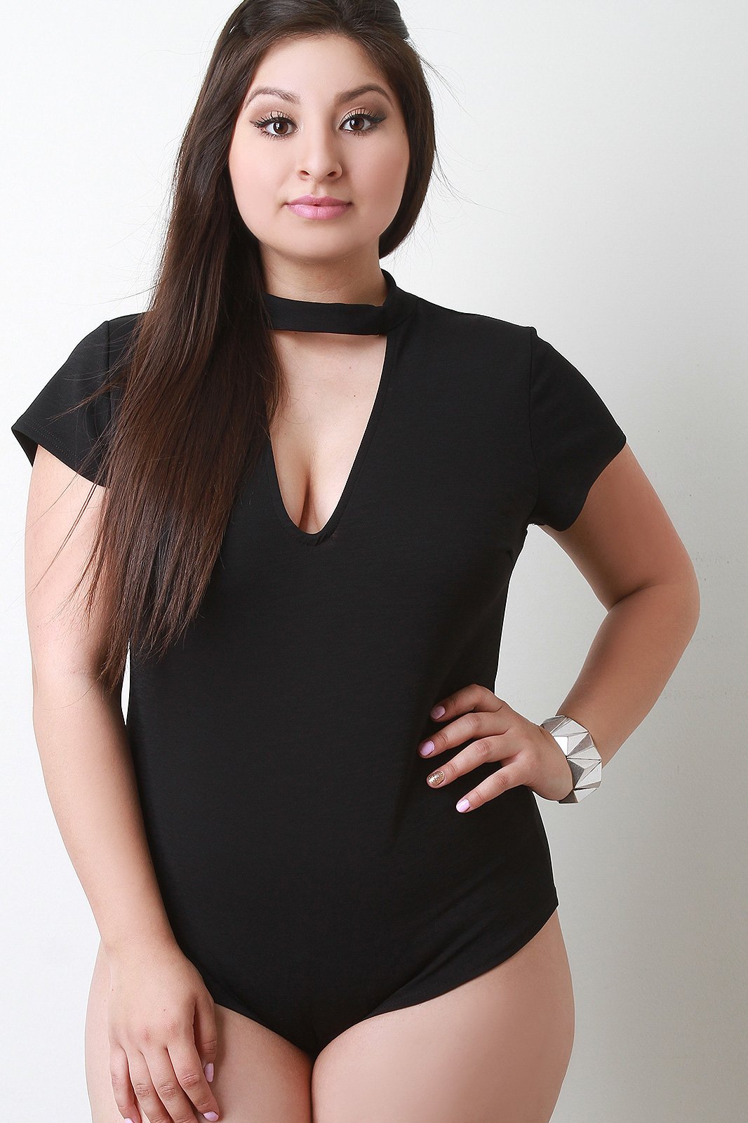 Mock Neck Deep V Cut Out Bodysuit - NoveltyOne