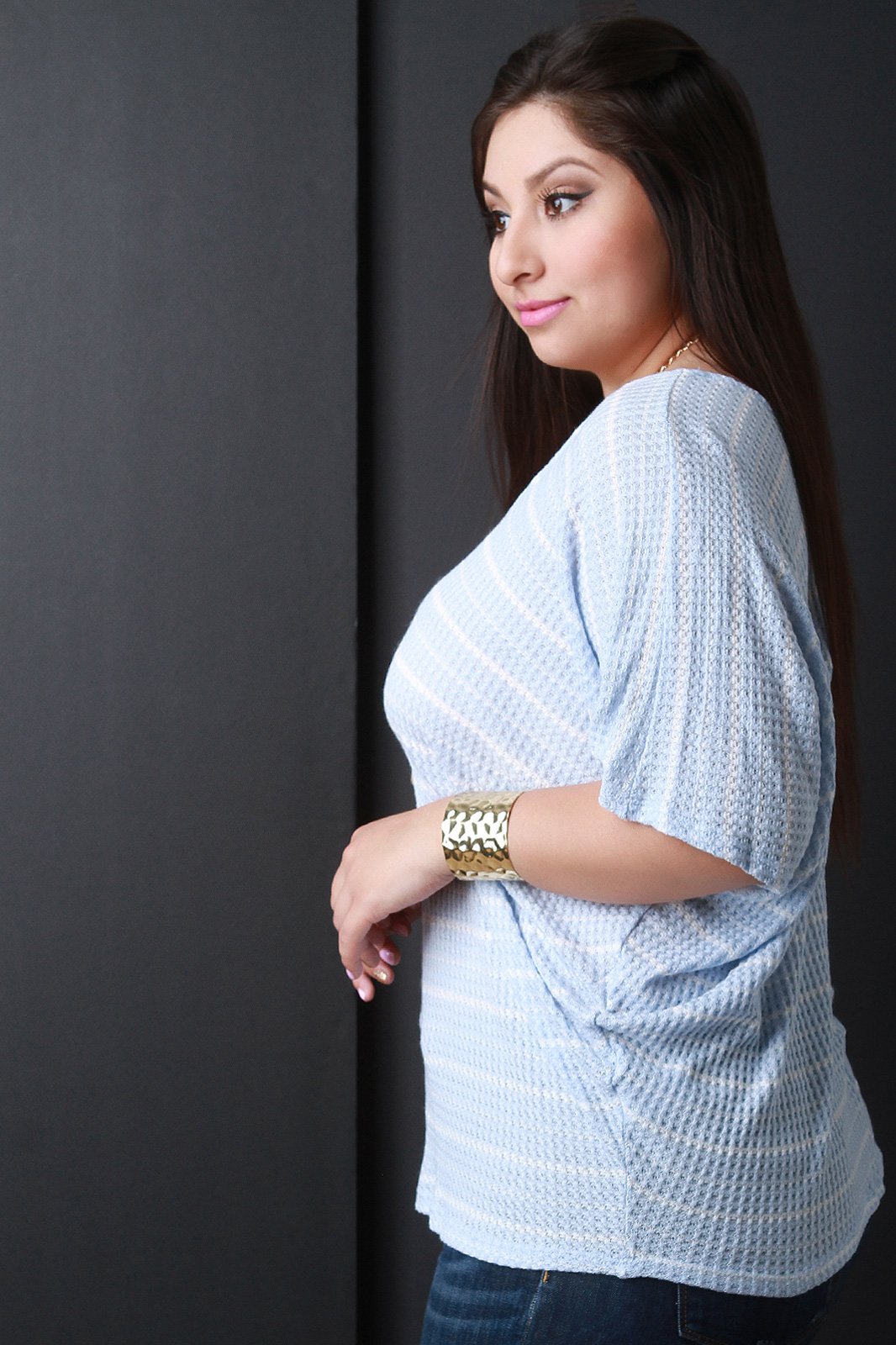 Dolman Sleeve Thermal Knit Striped Top - NoveltyOne