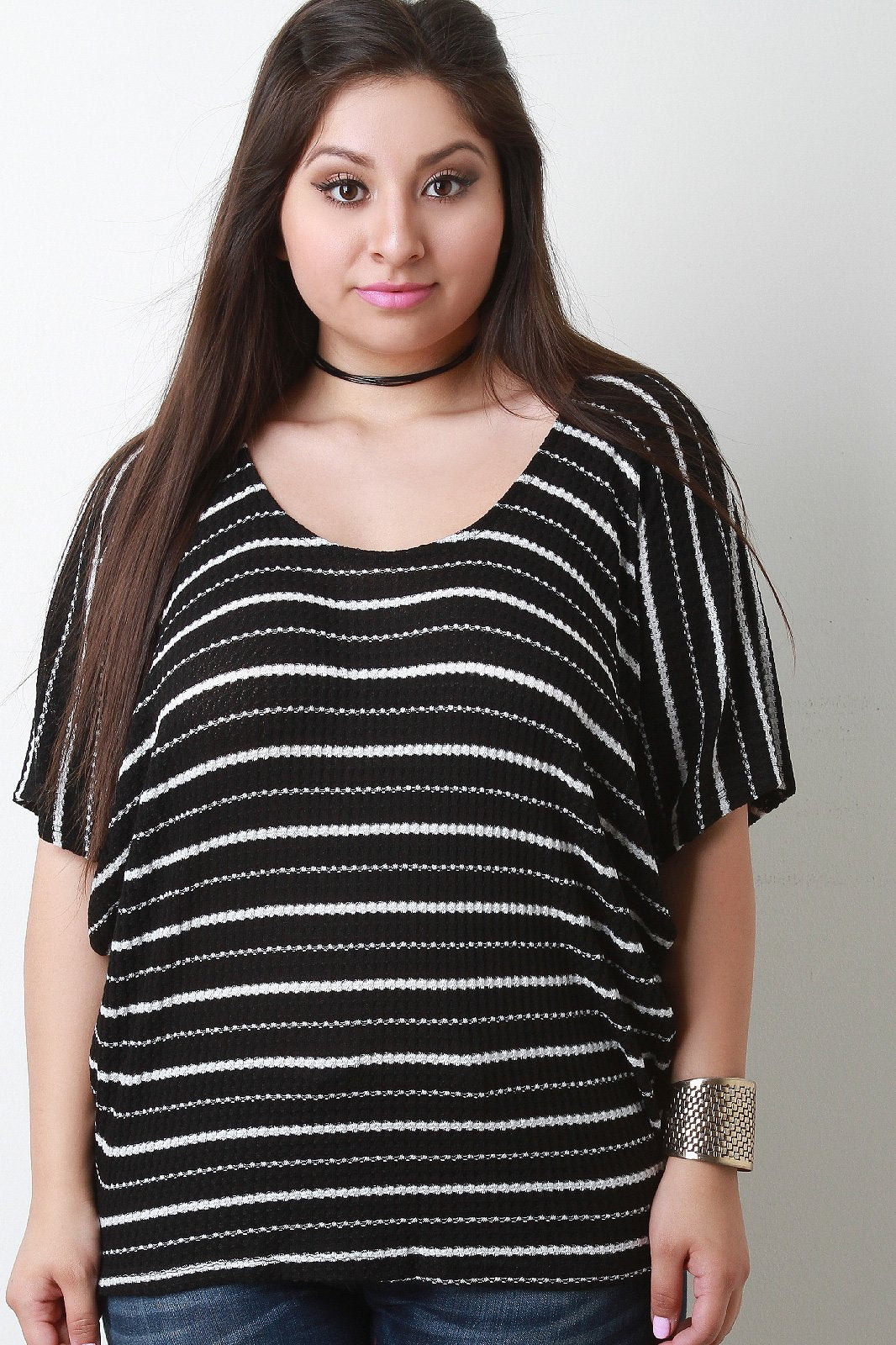 Dolman Sleeve Thermal Knit Striped Top - NoveltyOne