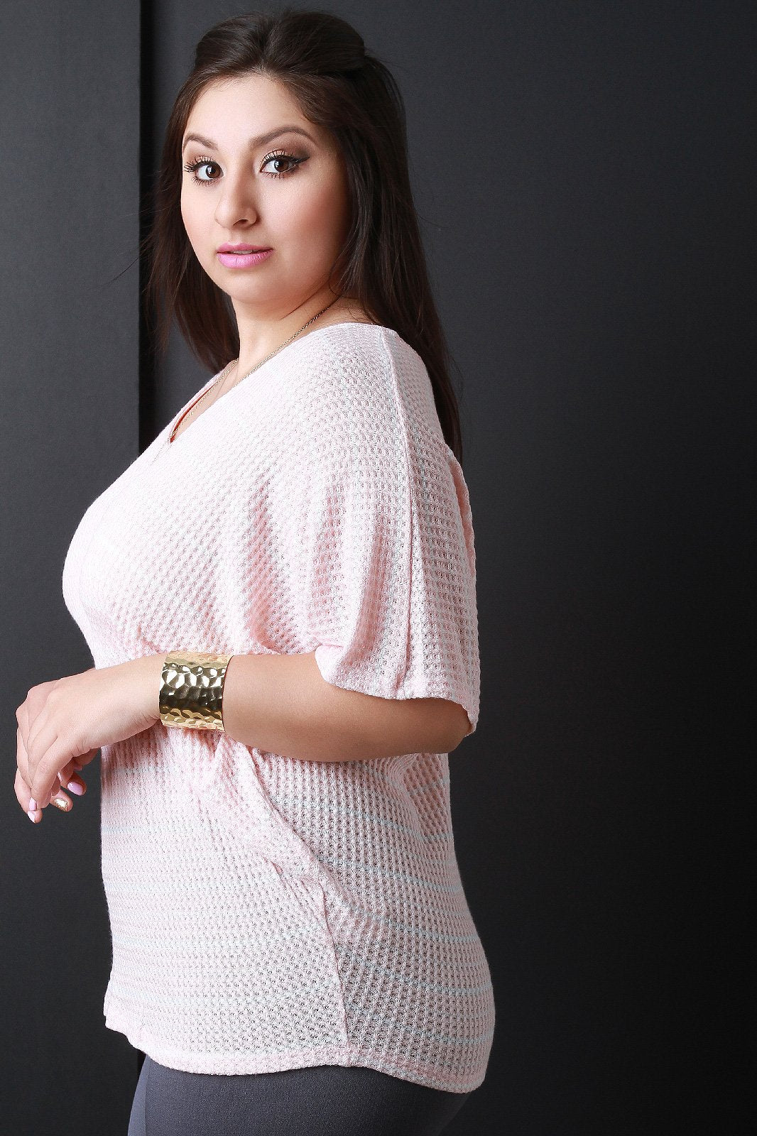 Dolman Sleeve Thermal Knit Striped Top - NoveltyOne