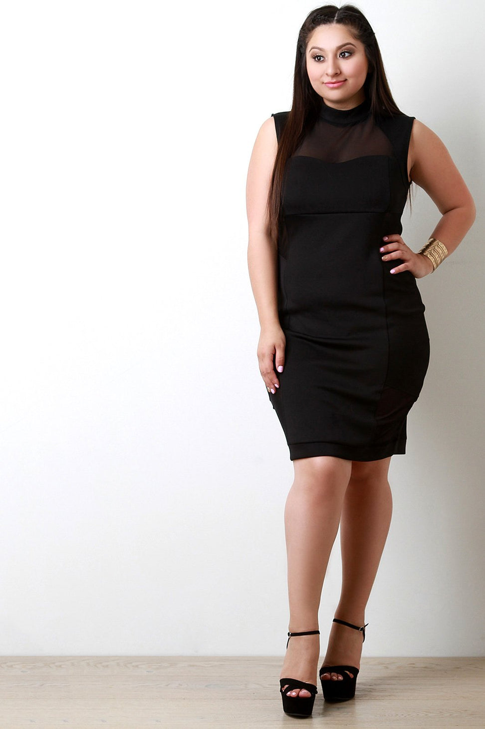 Mock Neck Mesh Patchwork Sleeveless Bodycon Dress - NoveltyOne