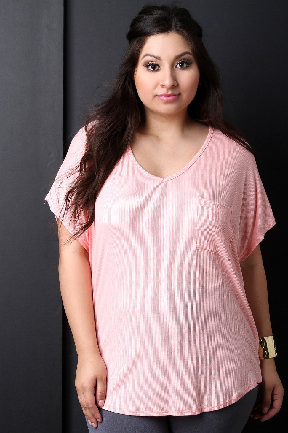 Ribbed Knit V-Neck Pocket Top