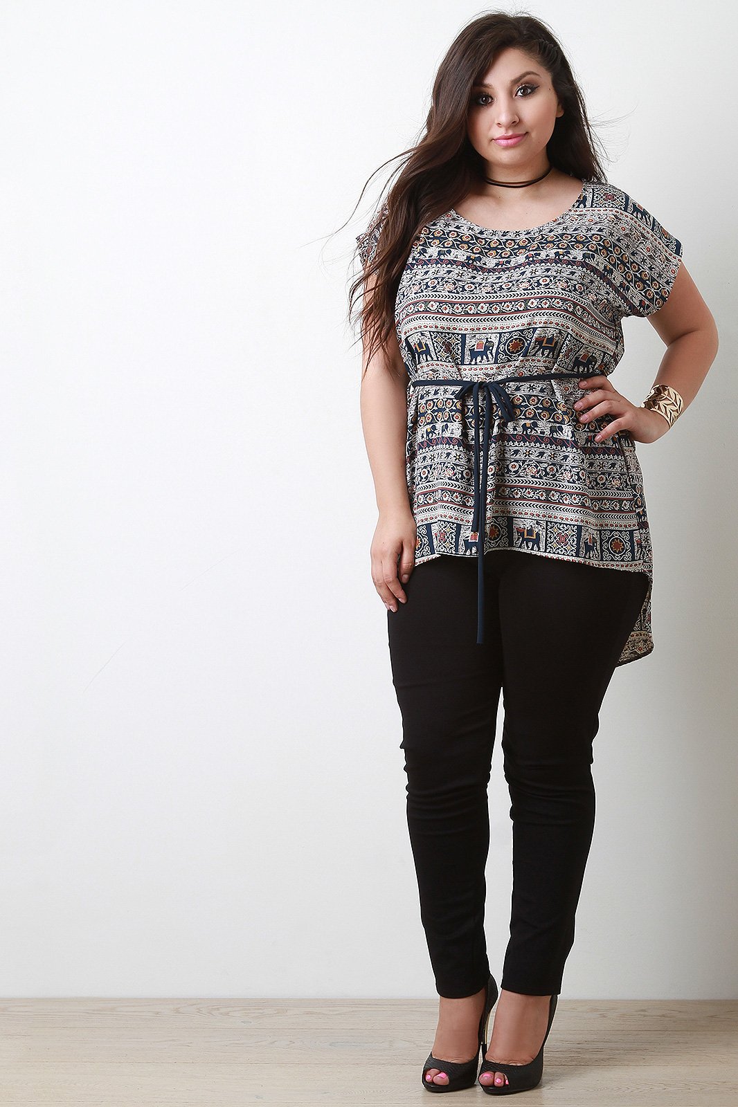 Floral Patterned Print Waist-Tie High Low Top