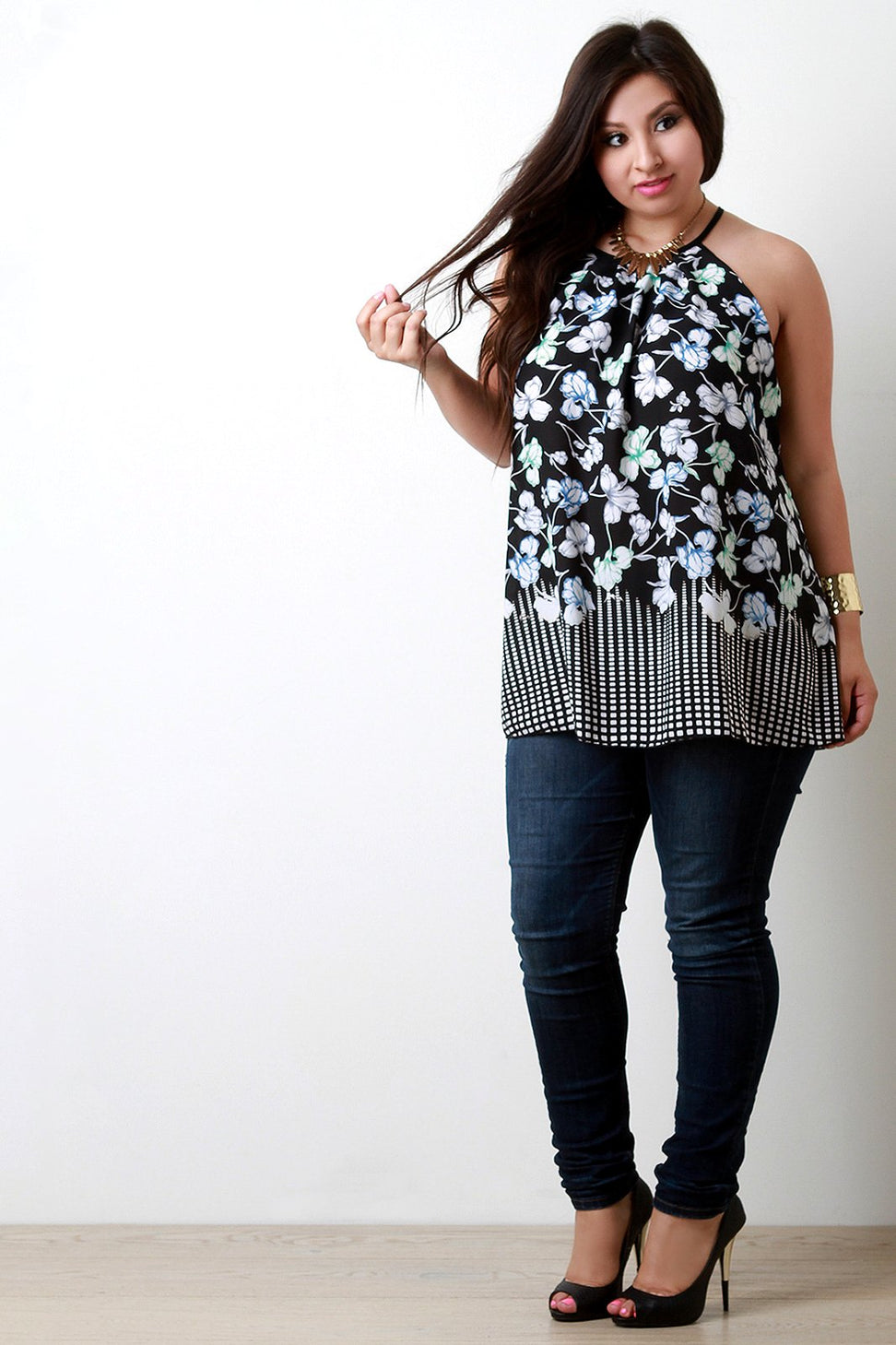 Floral and Square Print Sleeveless Top - NoveltyOne
