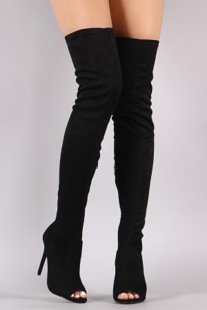 Suede Peep Toe Stiletto Over-The-Knee Boots