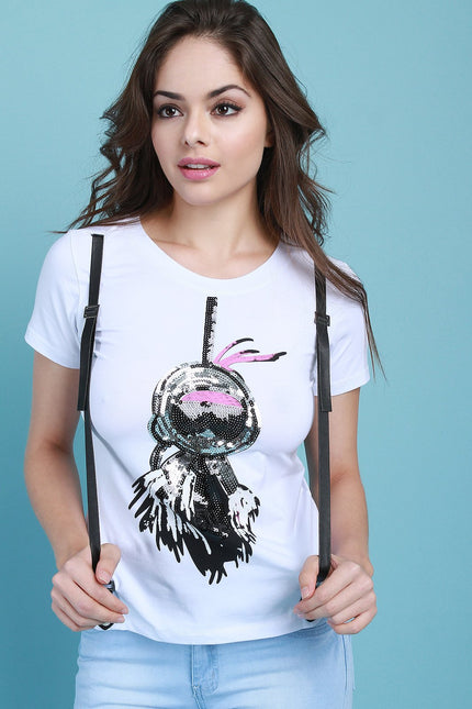 Sequin Graphic Print Short Sleeves Suspender Tee