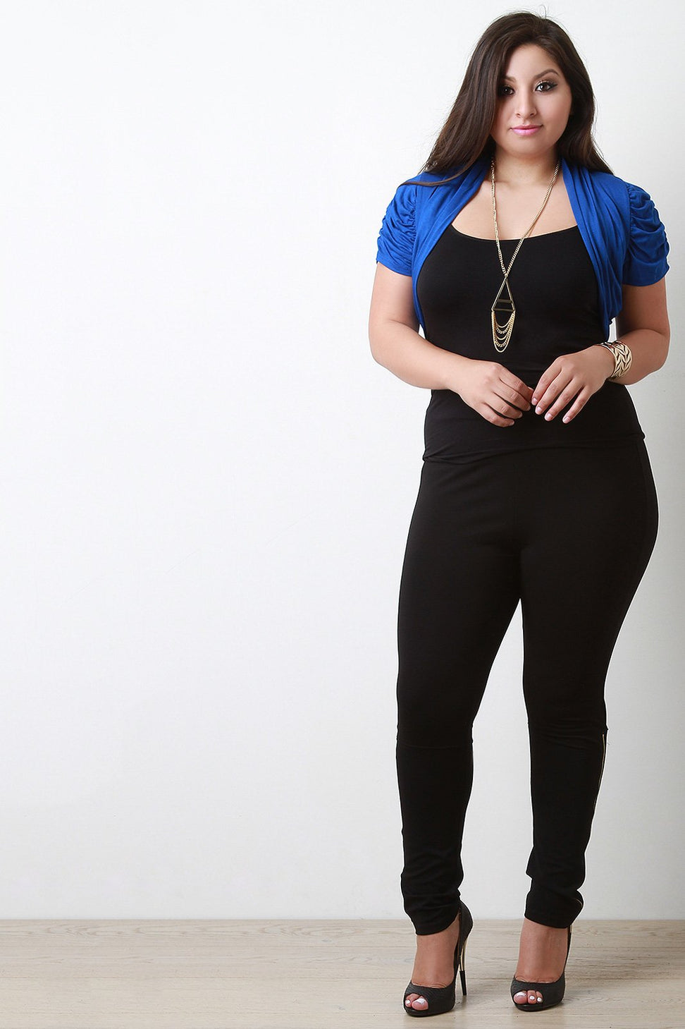 Shawl Collar Ruched Sleeve Open Front Bolero