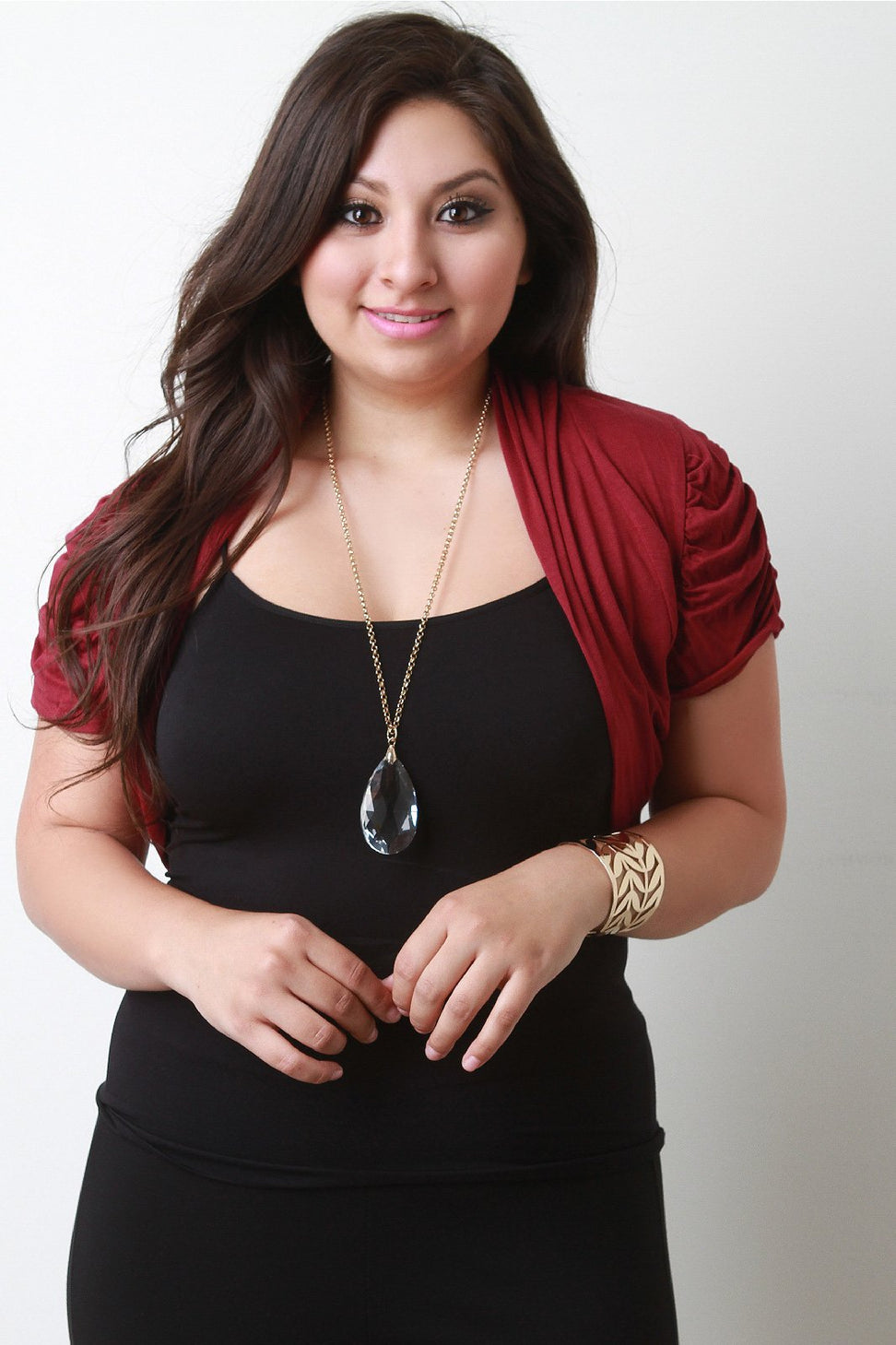 Shawl Collar Ruched Sleeve Open Front Bolero