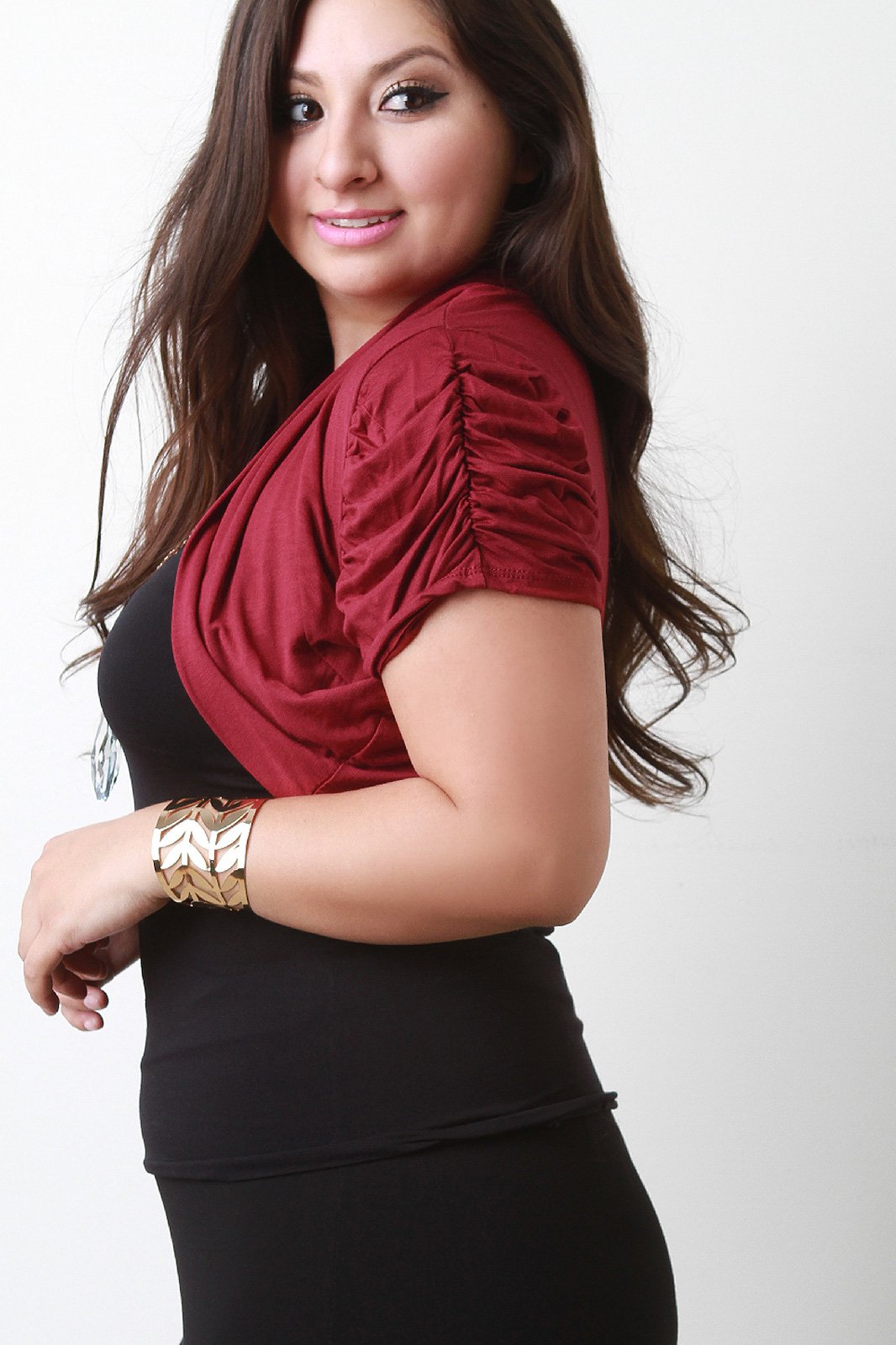 Shawl Collar Ruched Sleeve Open Front Bolero