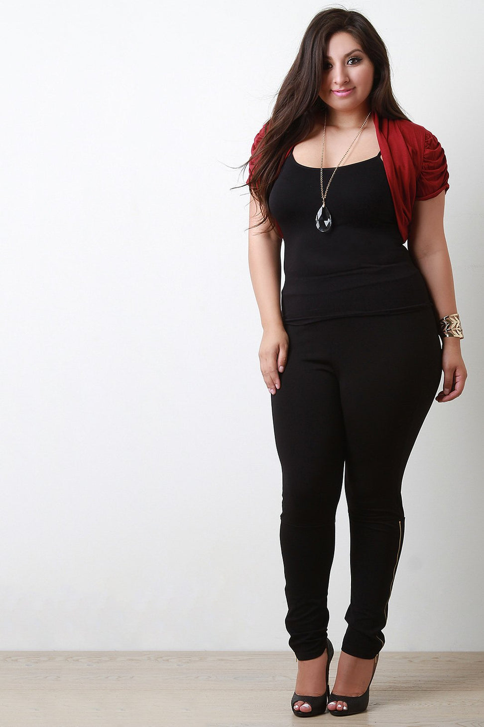 Shawl Collar Ruched Sleeve Open Front Bolero