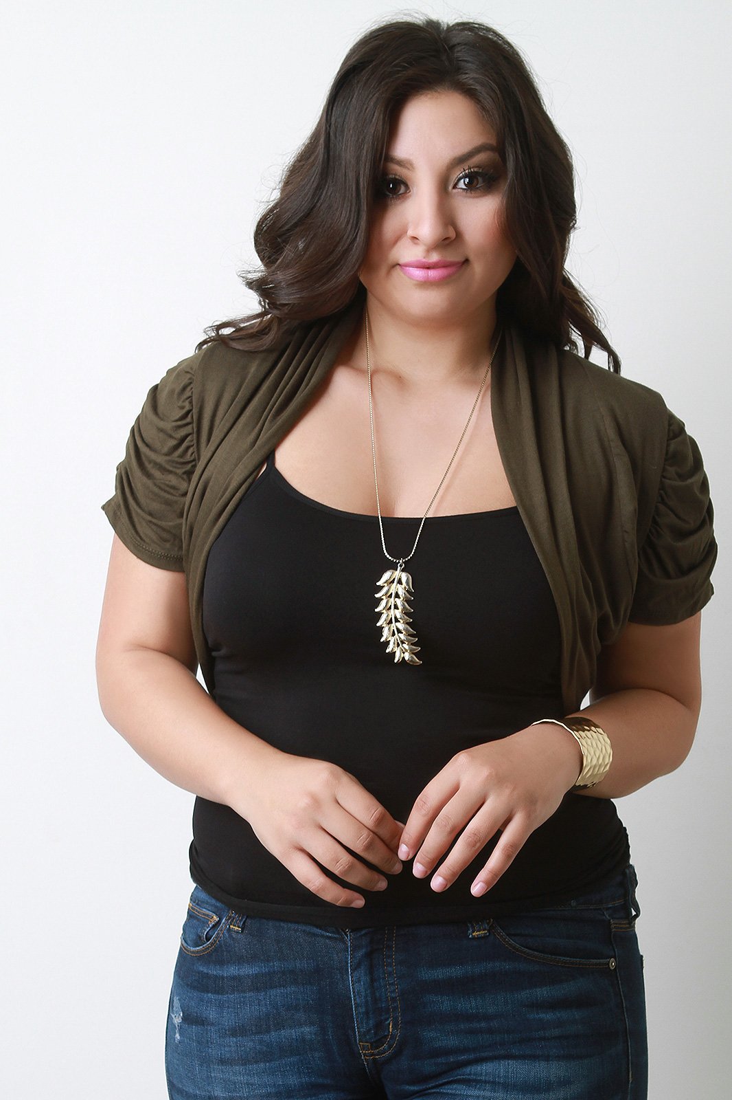 Shawl Collar Ruched Sleeve Open Front Bolero