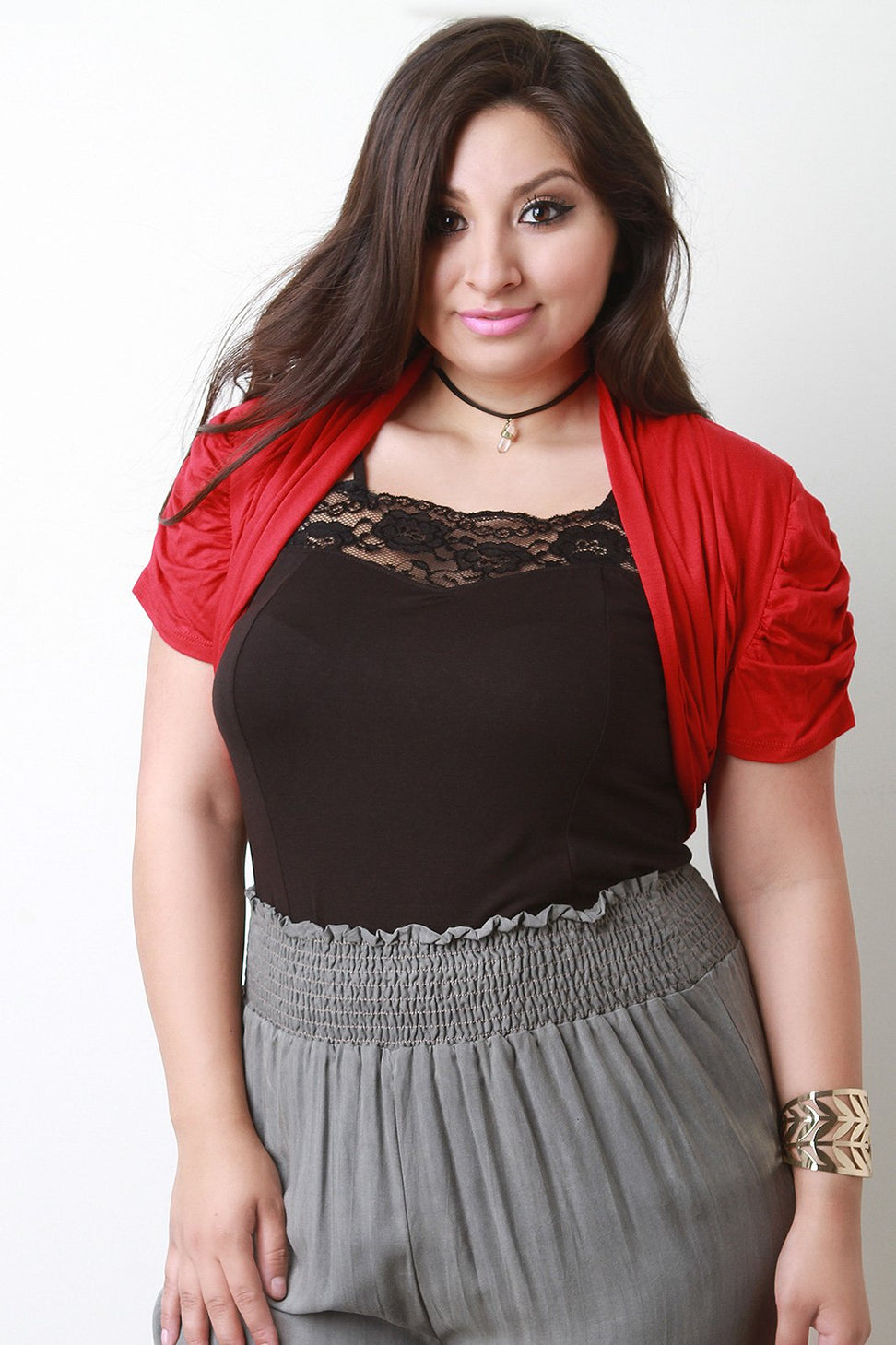 Shawl Collar Ruched Sleeve Open Front Bolero