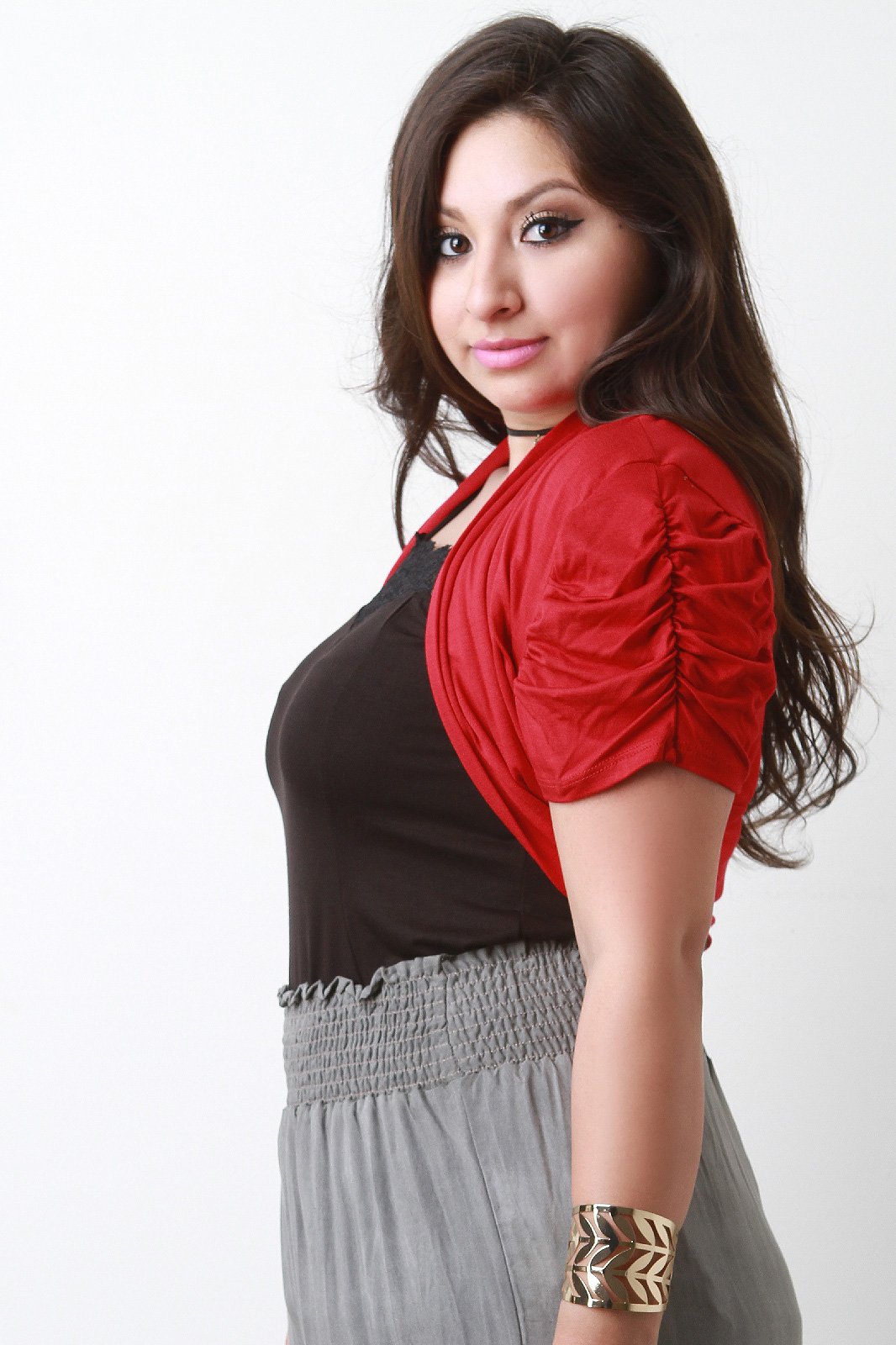 Shawl Collar Ruched Sleeve Open Front Bolero