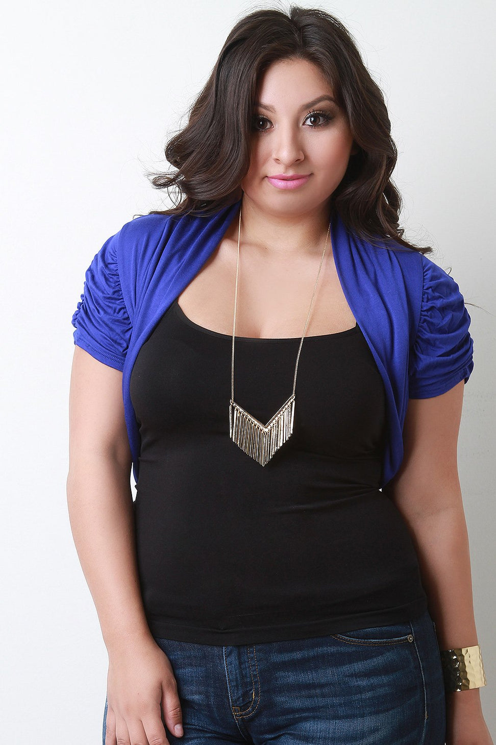 Shawl Collar Ruched Sleeve Open Front Bolero