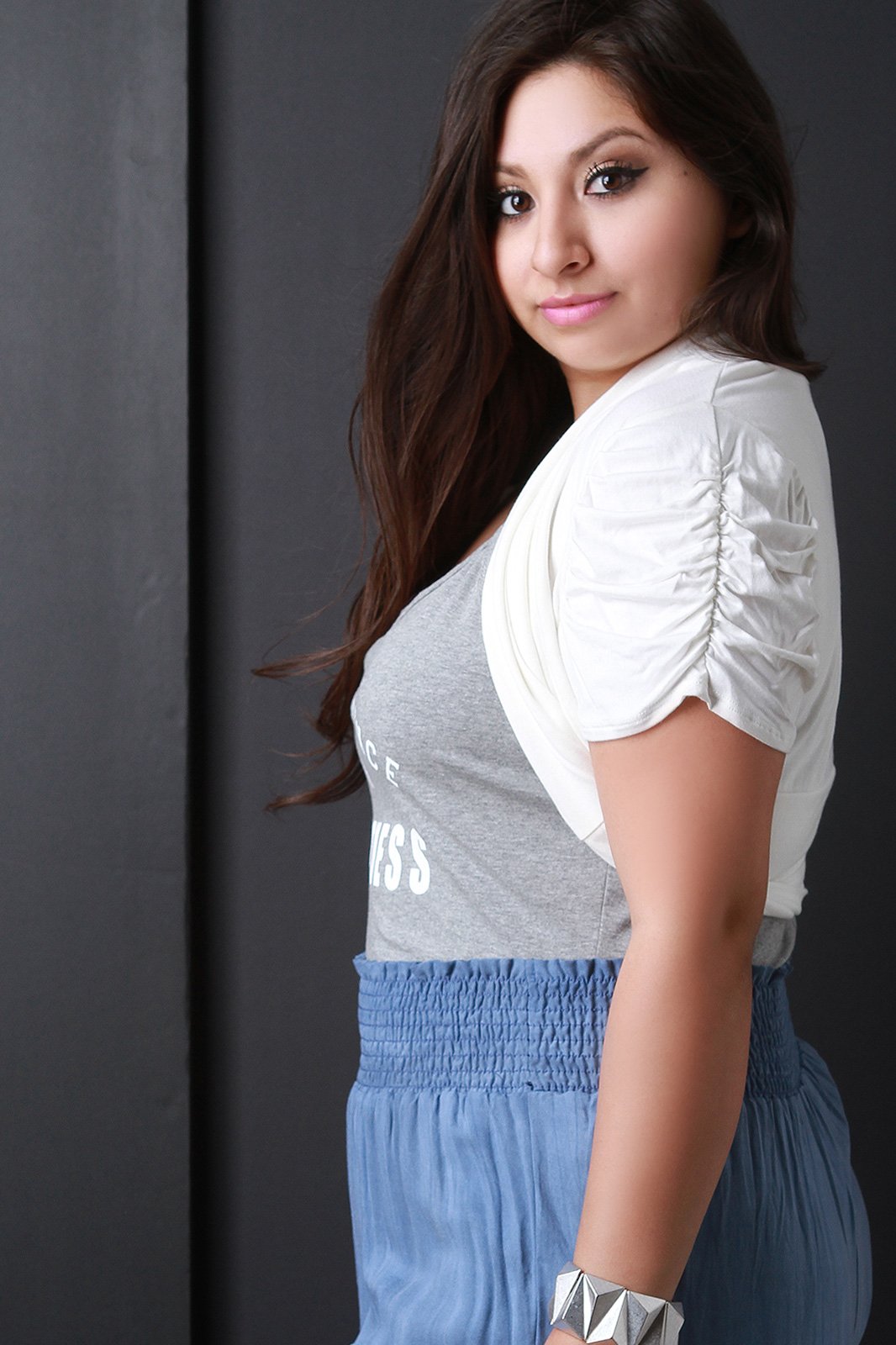 Shawl Collar Ruched Sleeve Open Front Bolero