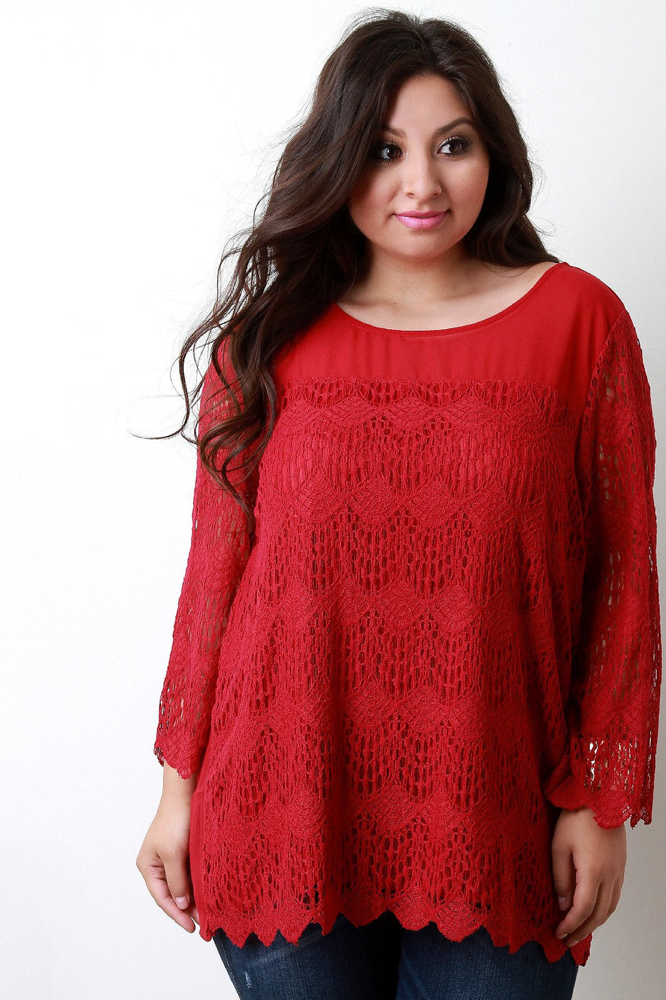 Contrast Semi-Sheer Crochet Lace Long Sleeve Top