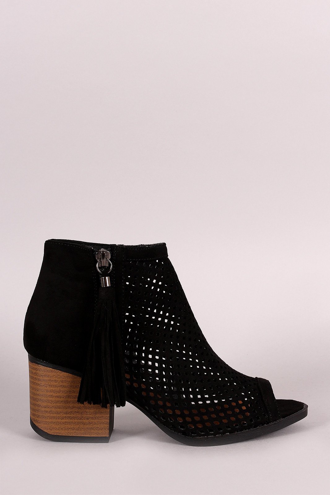Qupid Suede Perforated Tassel Peep Toe Booties