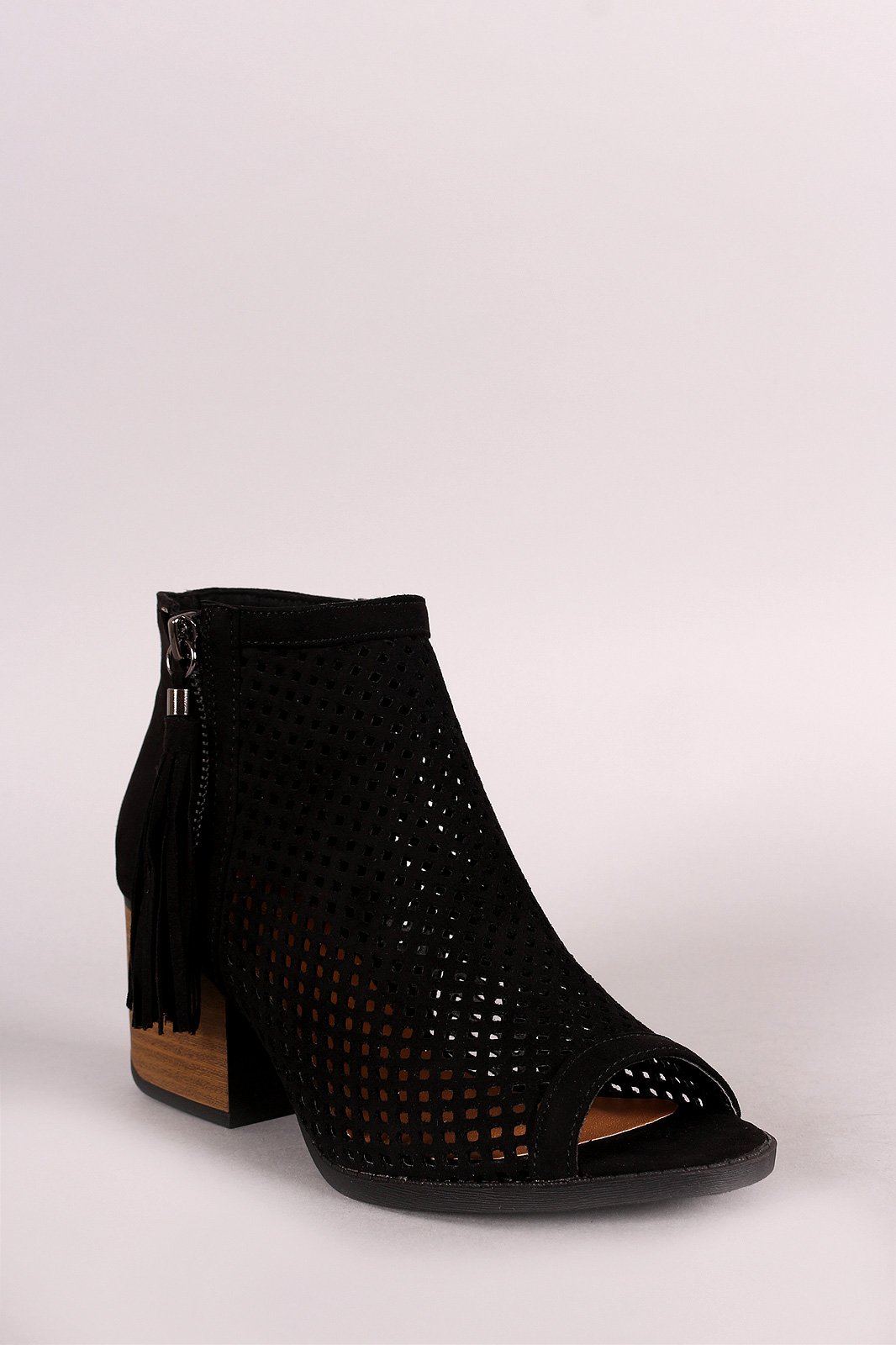 Qupid Suede Perforated Tassel Peep Toe Booties