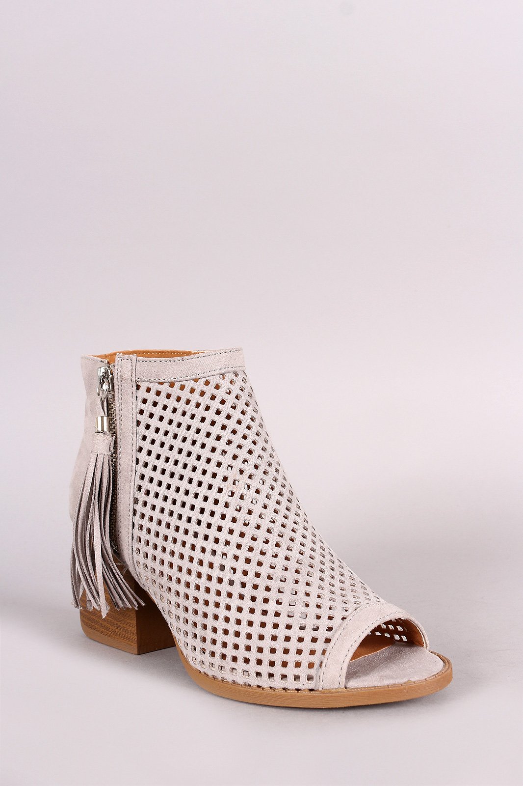 Qupid Suede Perforated Tassel Peep Toe Booties
