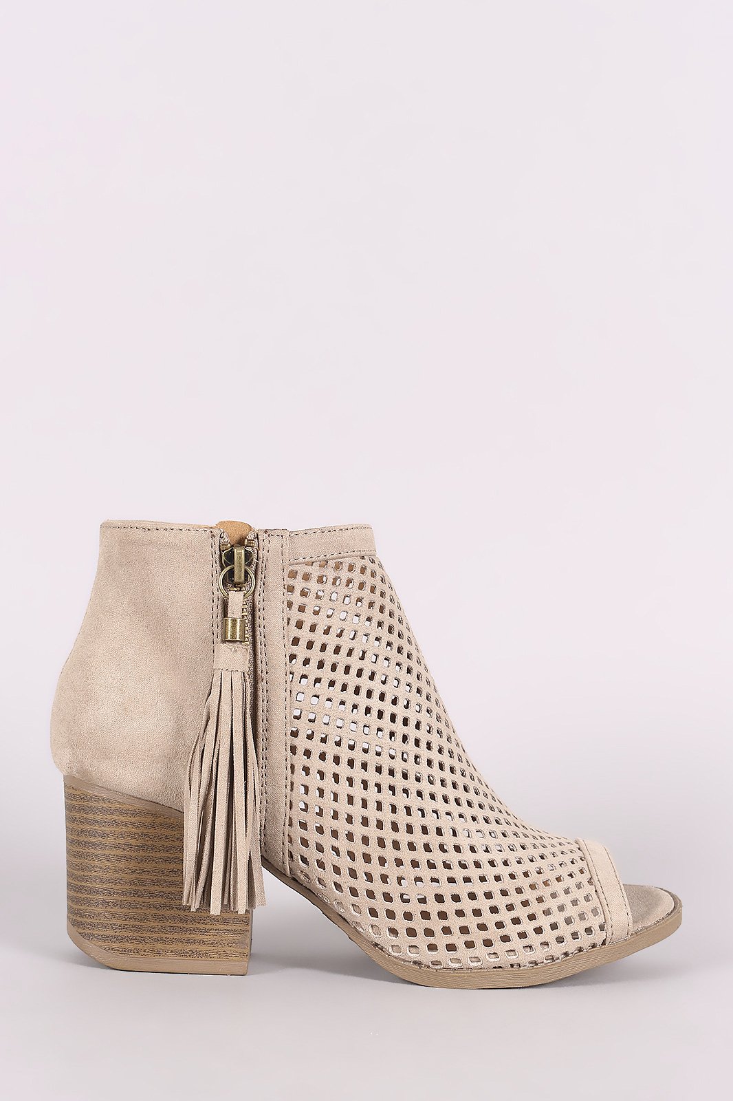 Qupid Suede Perforated Tassel Peep Toe Booties