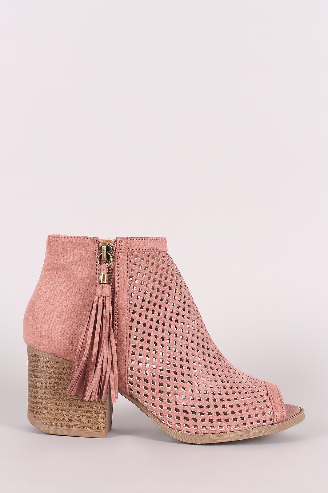 Qupid Suede Perforated Tassel Peep Toe Booties