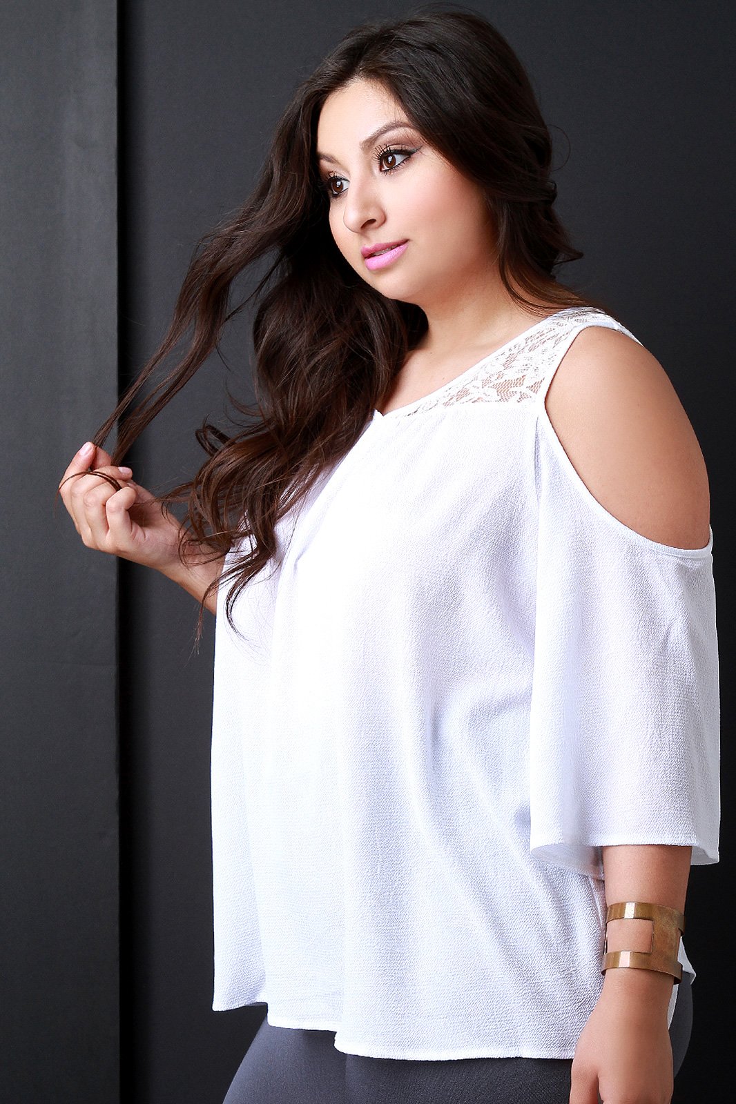 Lace Yoke Cold Shoulder Blouse