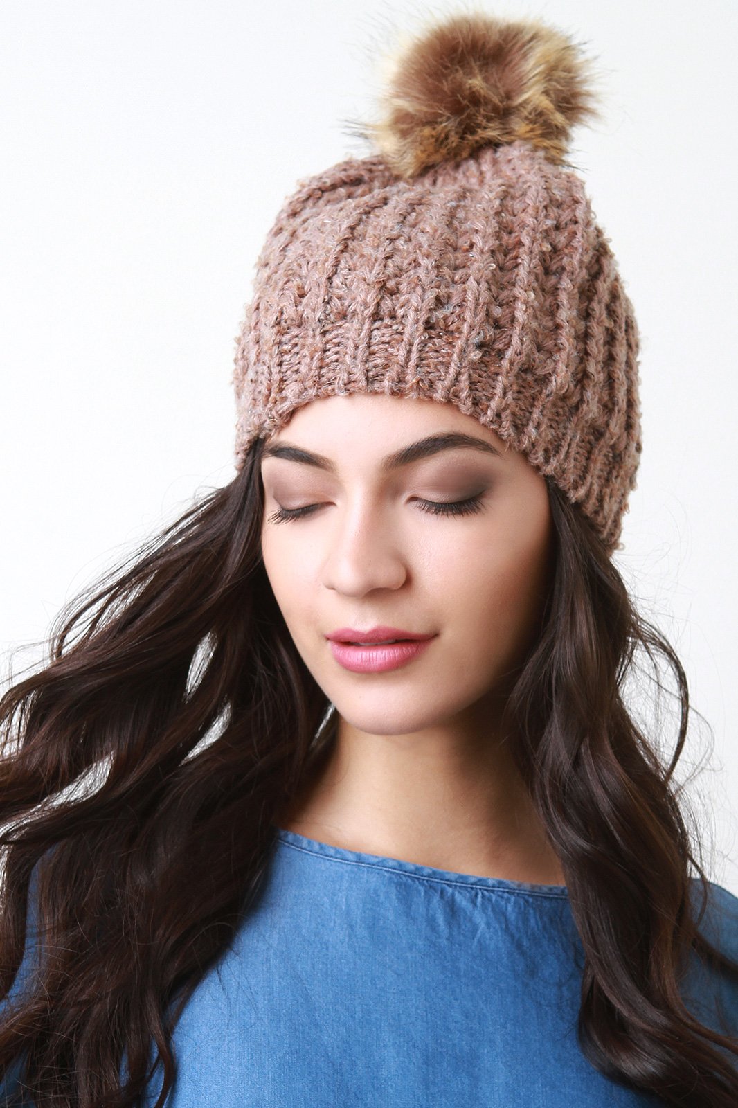 Fur Pom Pom Chunky Knit Beanie - NoveltyOne