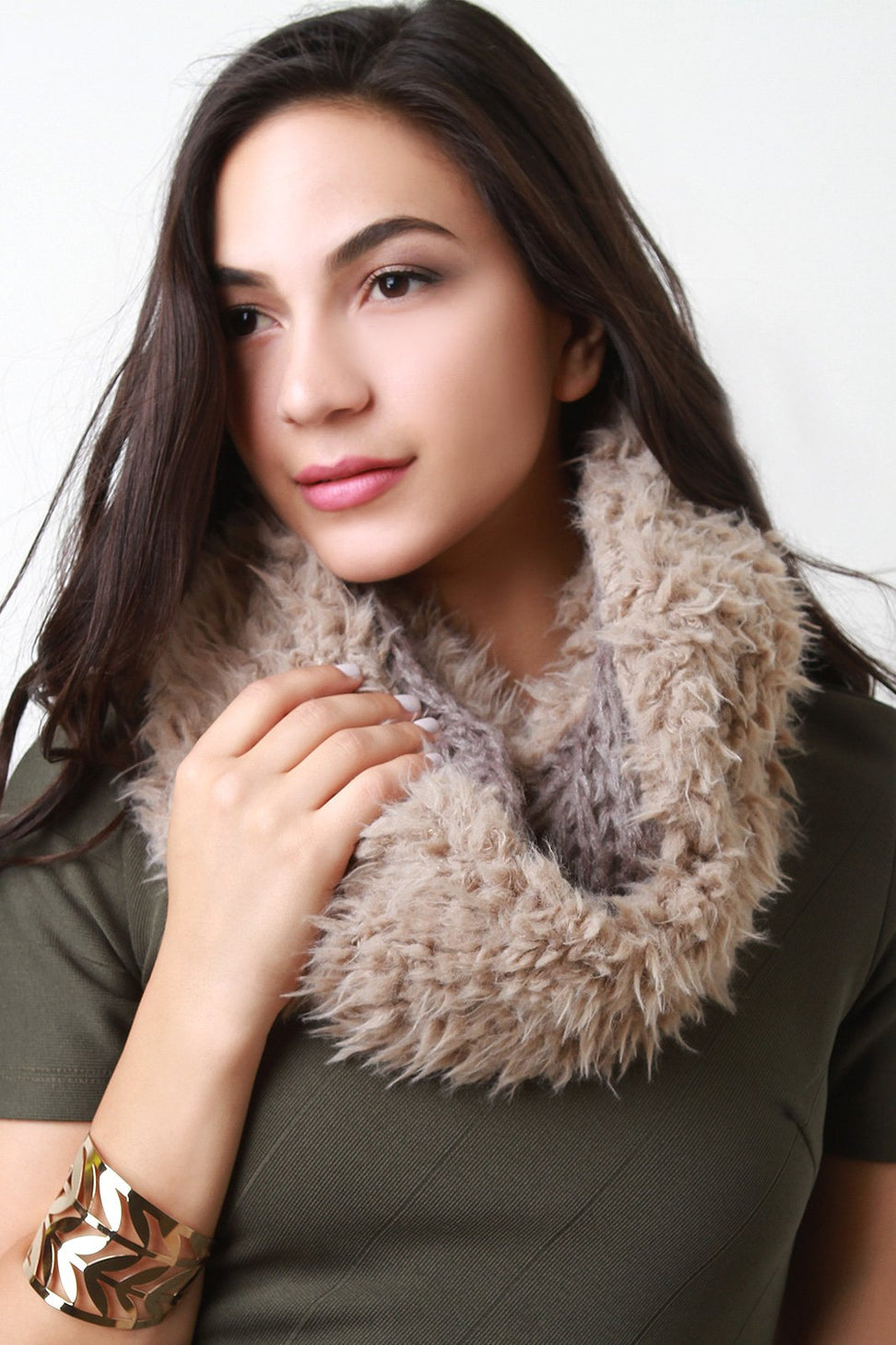 Double Sided Furry and Chunky Knit Circle Scarf - NoveltyOne