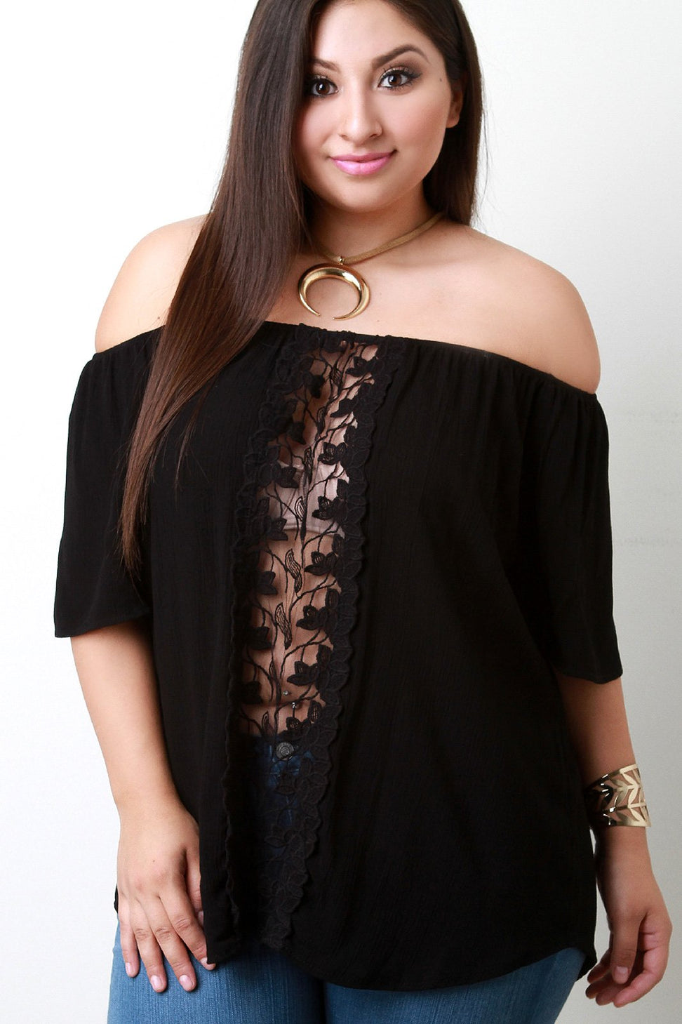 Off The Shoulder Crochet Lace Leaves Panel Top - NoveltyOne