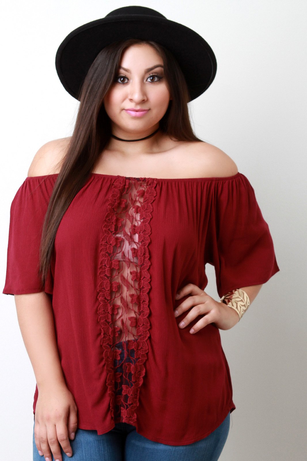 Off The Shoulder Crochet Lace Leaves Panel Top - NoveltyOne