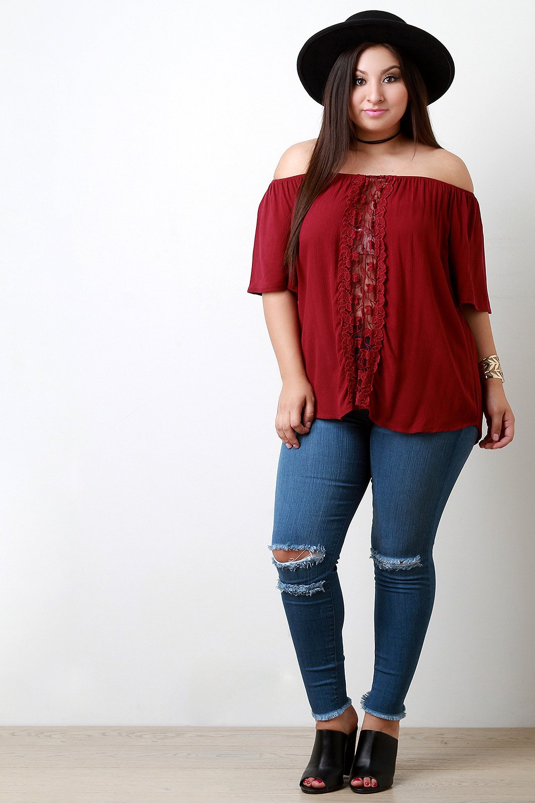 Off The Shoulder Crochet Lace Leaves Panel Top - NoveltyOne