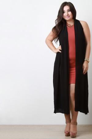 Woven Longline Open Front Vest