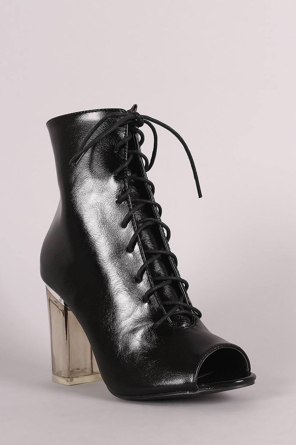 Peep Toe Lace Up Chunky Clear Heeled Ankle Boots