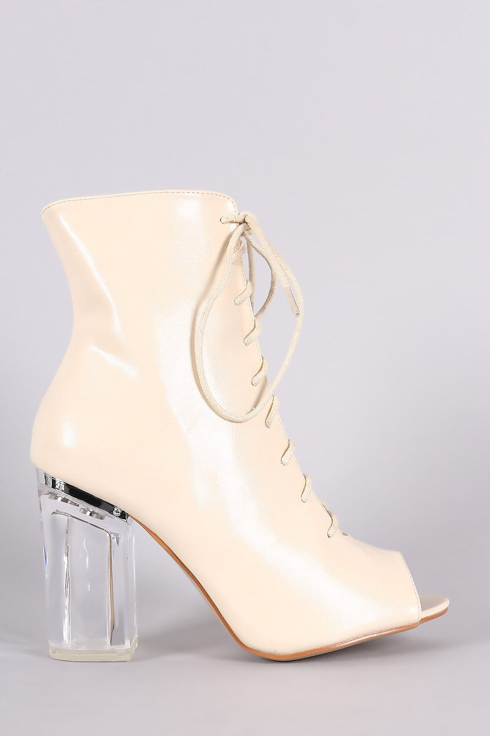 Peep Toe Lace Up Chunky Clear Heeled Ankle Boots