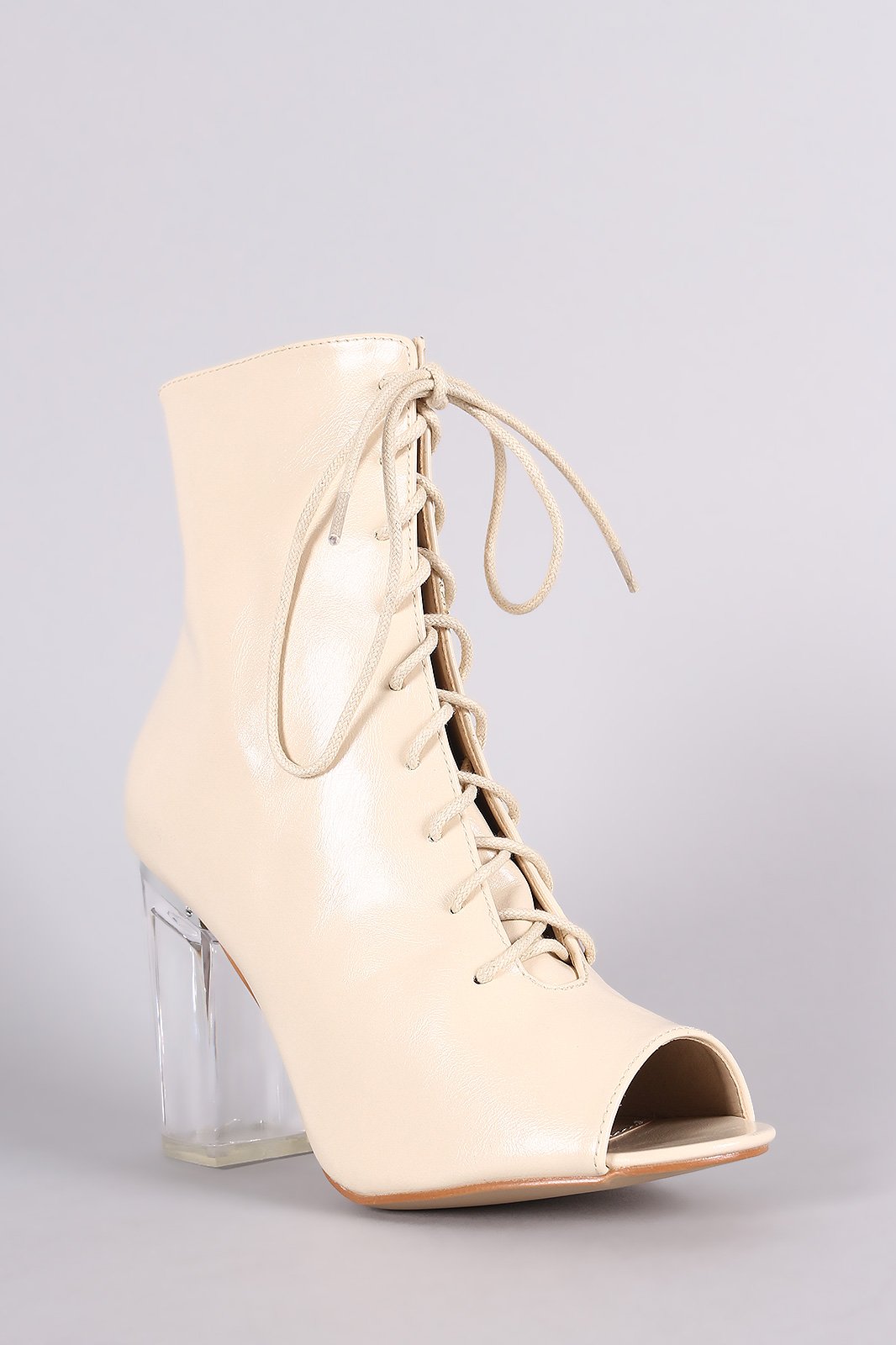 Peep Toe Lace Up Chunky Clear Heeled Ankle Boots