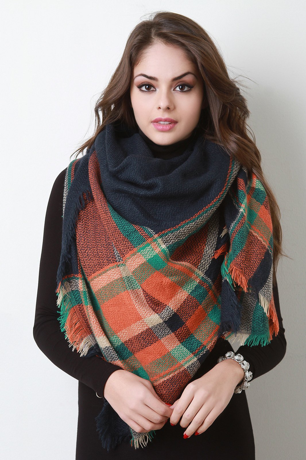 Multi Colored Frayed Hem Plaid Blanket Scarf - NoveltyOne