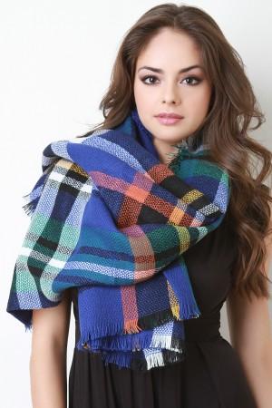 Multi Colored Frayed Hem Plaid Blanket Scarf - NoveltyOne