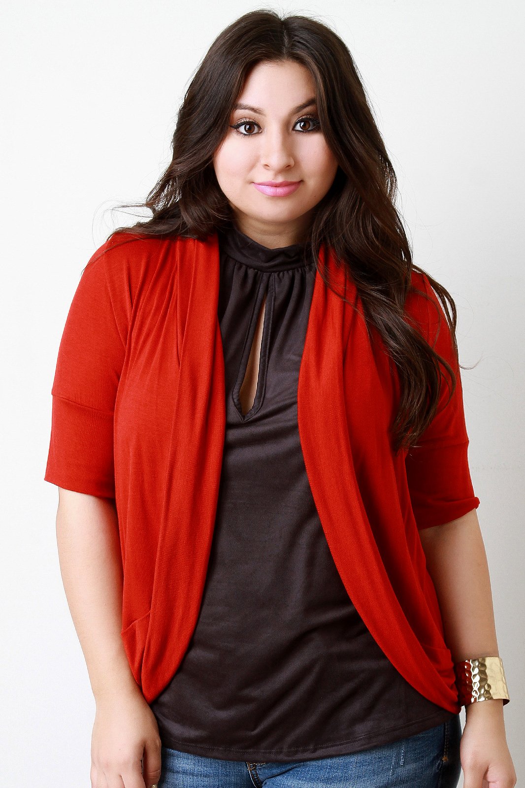 Solid Jersey Knit Elbow Sleeves Open Front Cardigan