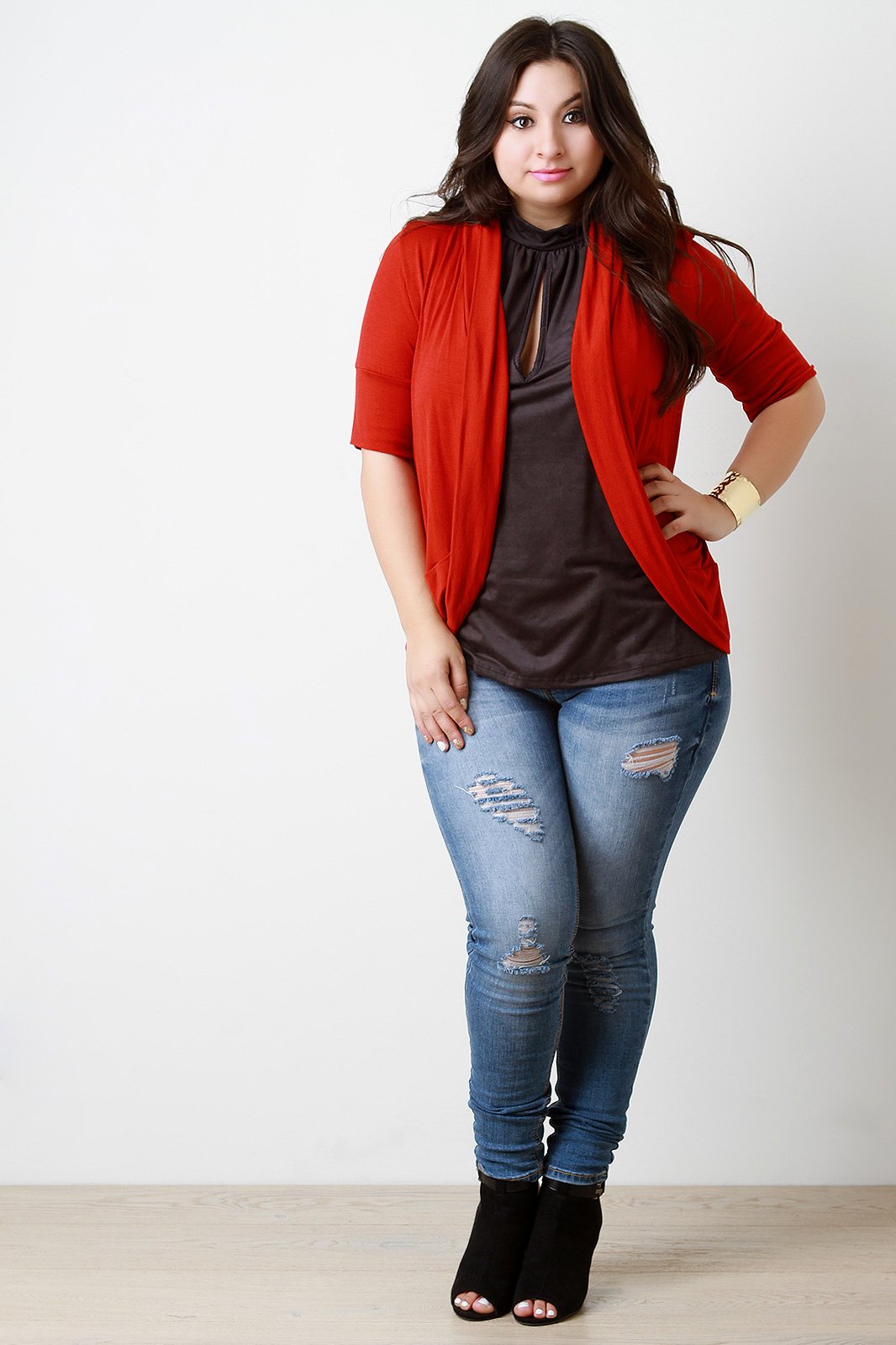 Solid Jersey Knit Elbow Sleeves Open Front Cardigan