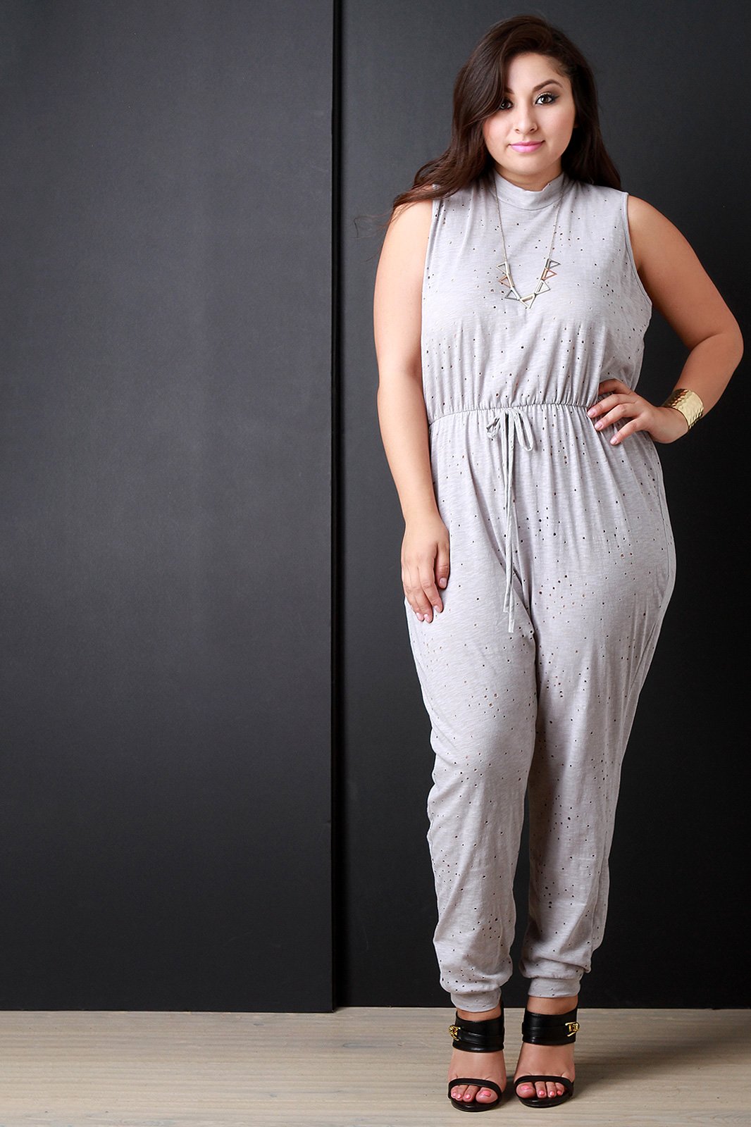 Distressed Hole Mock Neck Sleeveless Jumpsuit - NoveltyOne
