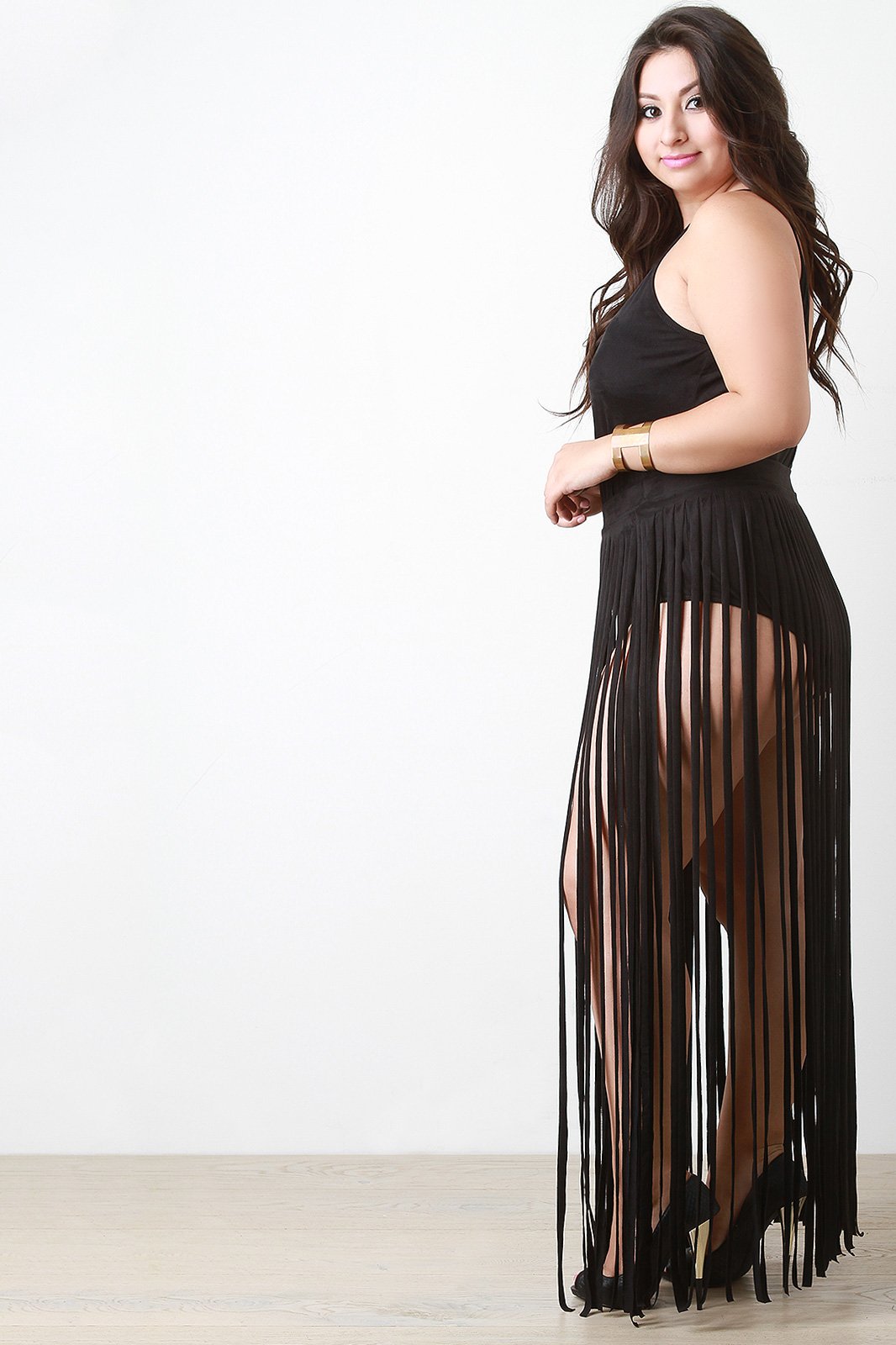 Vegan Suede Two Piece Fringe Maxi Dress