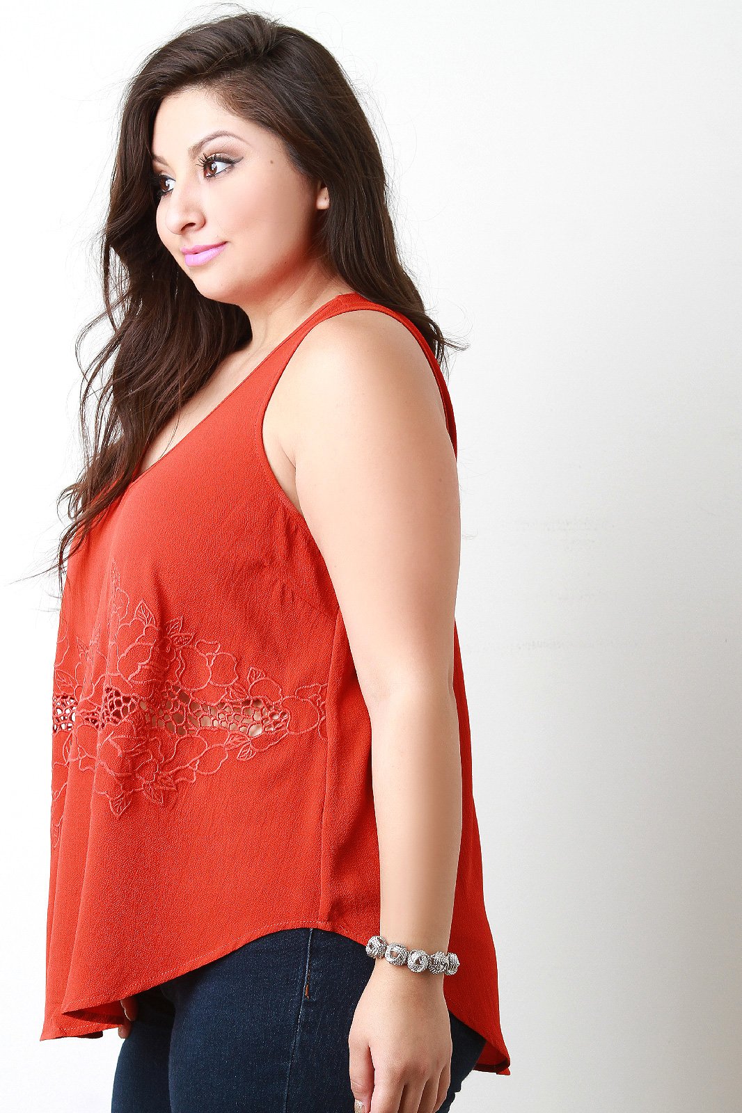 Embroidery Cut Out V Neck Tank Top