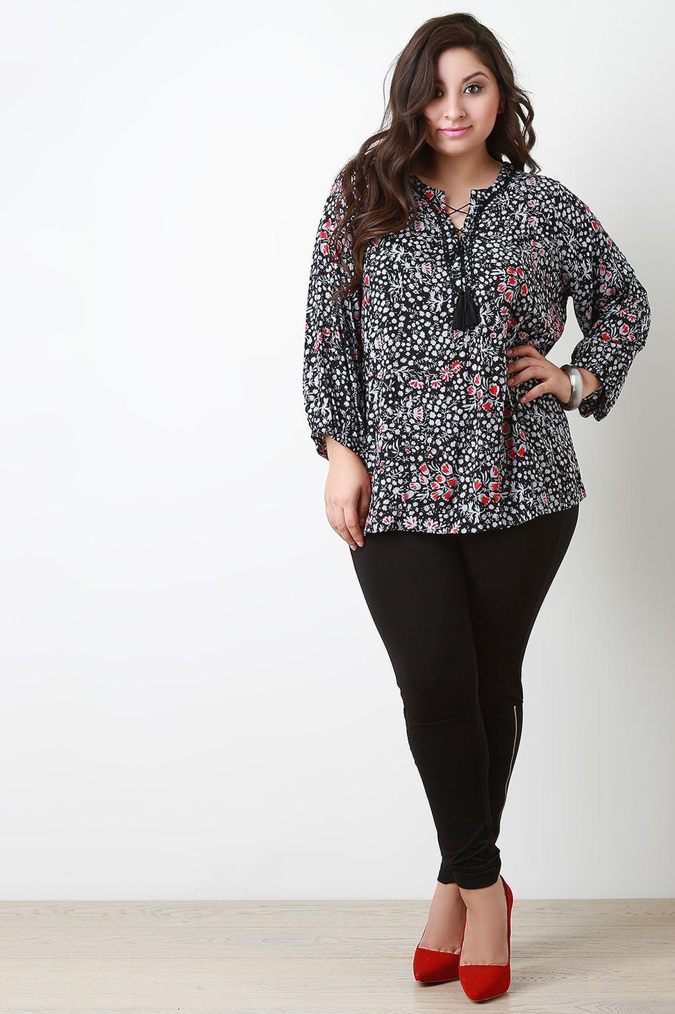 Floral Tassel Lace Up Long Sleeves Peasant Top